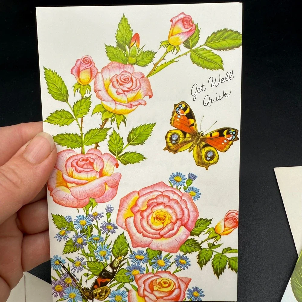 Vintage Get Well‎ Cards with Butterflies and Botanical Floral Illustrations